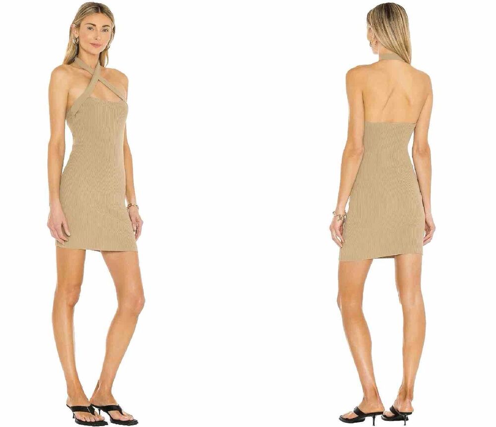 NBD By Revolve Crossover Halter Neck Rib Knit Pull-on Dress Taupe S